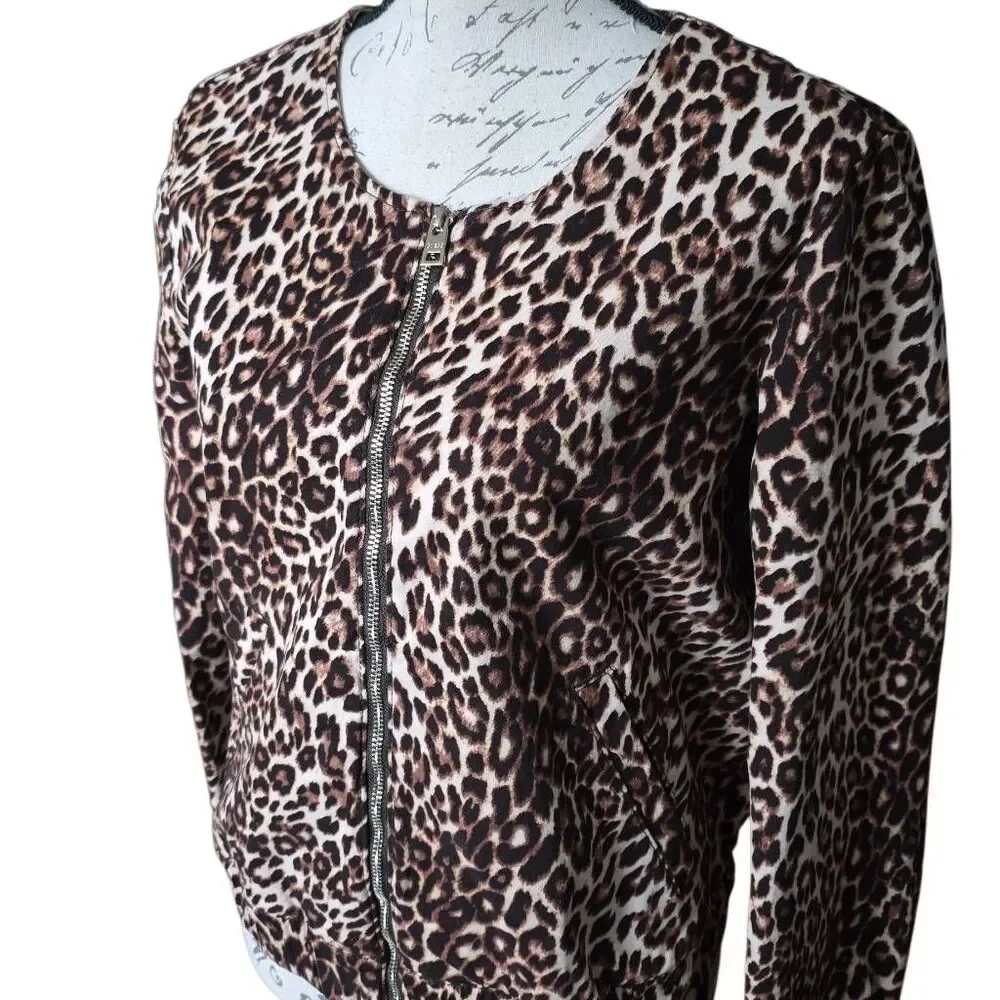 Guess Women's Size Large Tan Black Cheetah Print Cotton Blend Full Zip Jacket